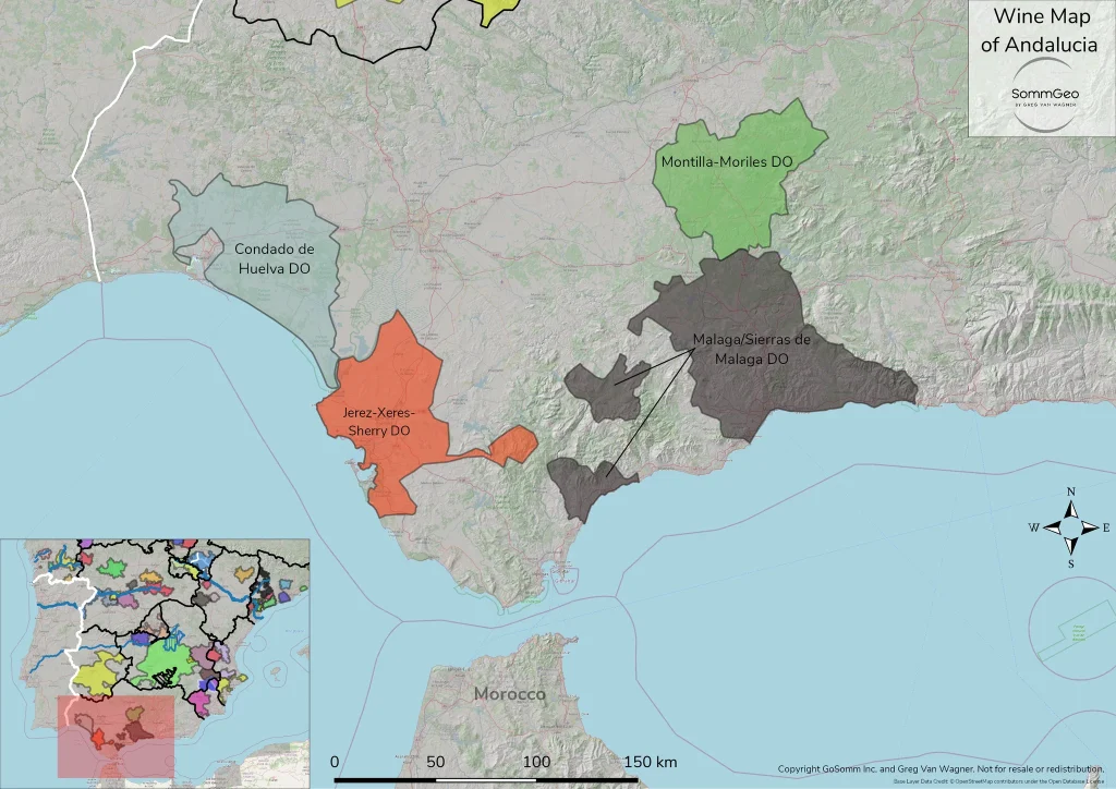 Wine map of Andalucia showing Jerez-Xeres-Sherry, Montilla-Moriles, and Malaga DOs.