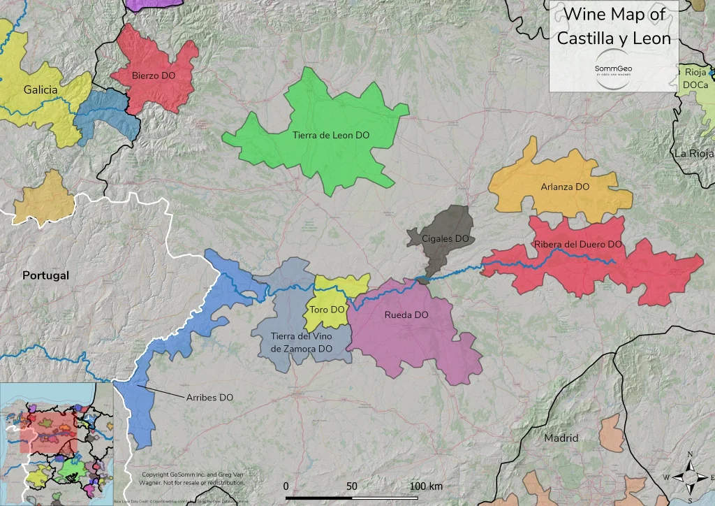 SommGeo wine map of Castilla y León showing Ribera del Duero, Rueda, Bierzo, and Toro DOs.