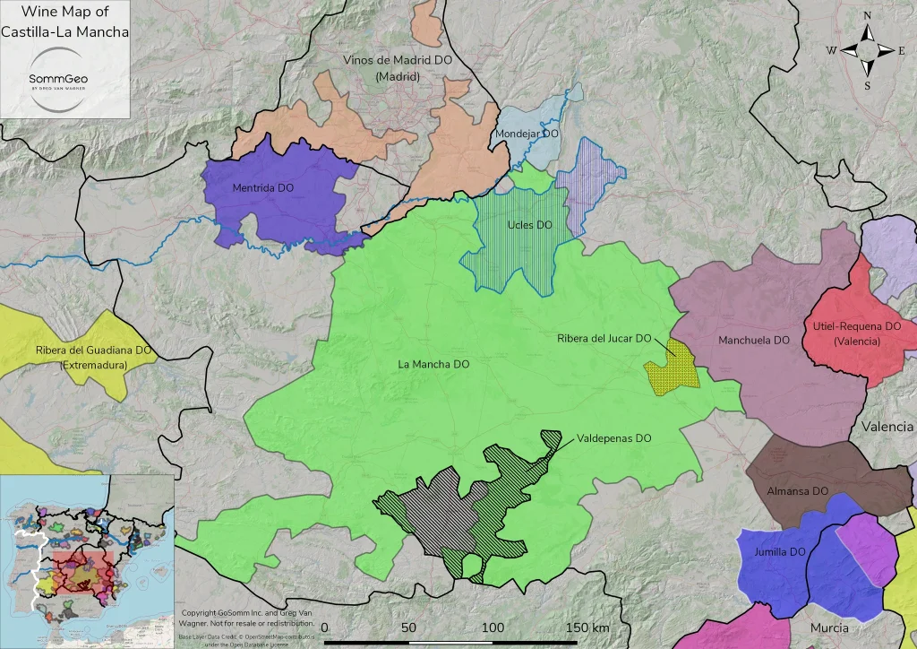 Wine map of Castilla-La Mancha featuring La Mancha DO, Valdepeñas, Méntrida, Uclés, Manchuela, and Almansa.