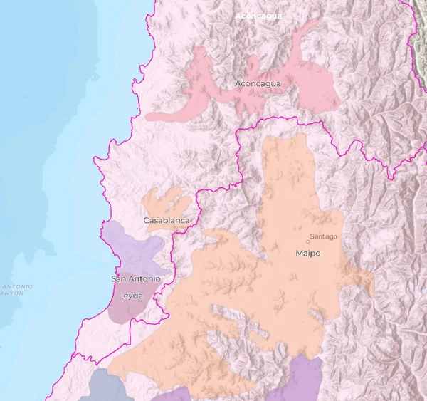Wine map of Chile showing the Central Valley and coastal regions