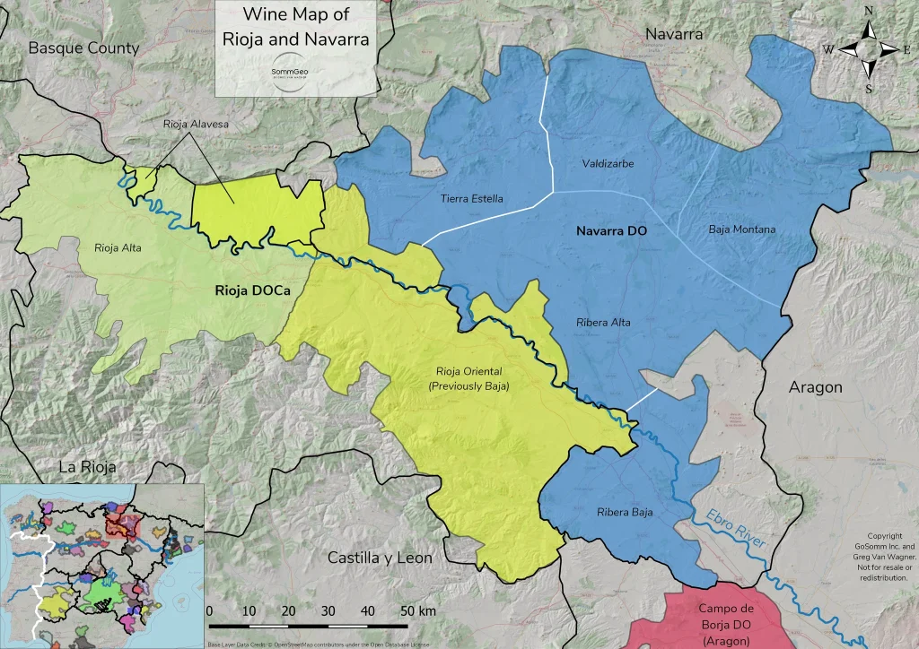 Wine map comparing Rioja and Navarra, showing the three Rioja subzones (Alta, Alavesa, Oriental) and Navarra subzones like Valdizarbe and Baja Montaña.
