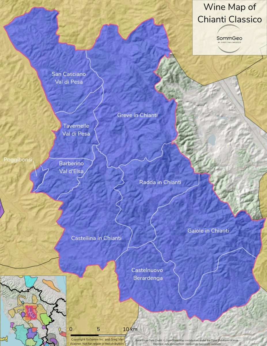 High-resolution static GIS wine map of Chianti Classico DOCG regions