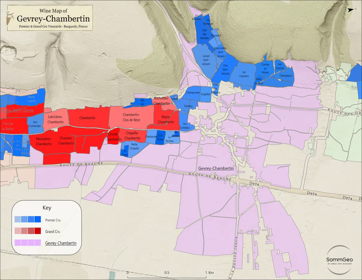 Free Gevrey-Chambertin vineyard map showing all 9 Grand Crus including Chambertin and Clos de Bèze, 26 Premier Cru climats, and village-level vineyards across the Côte de Nuits commune