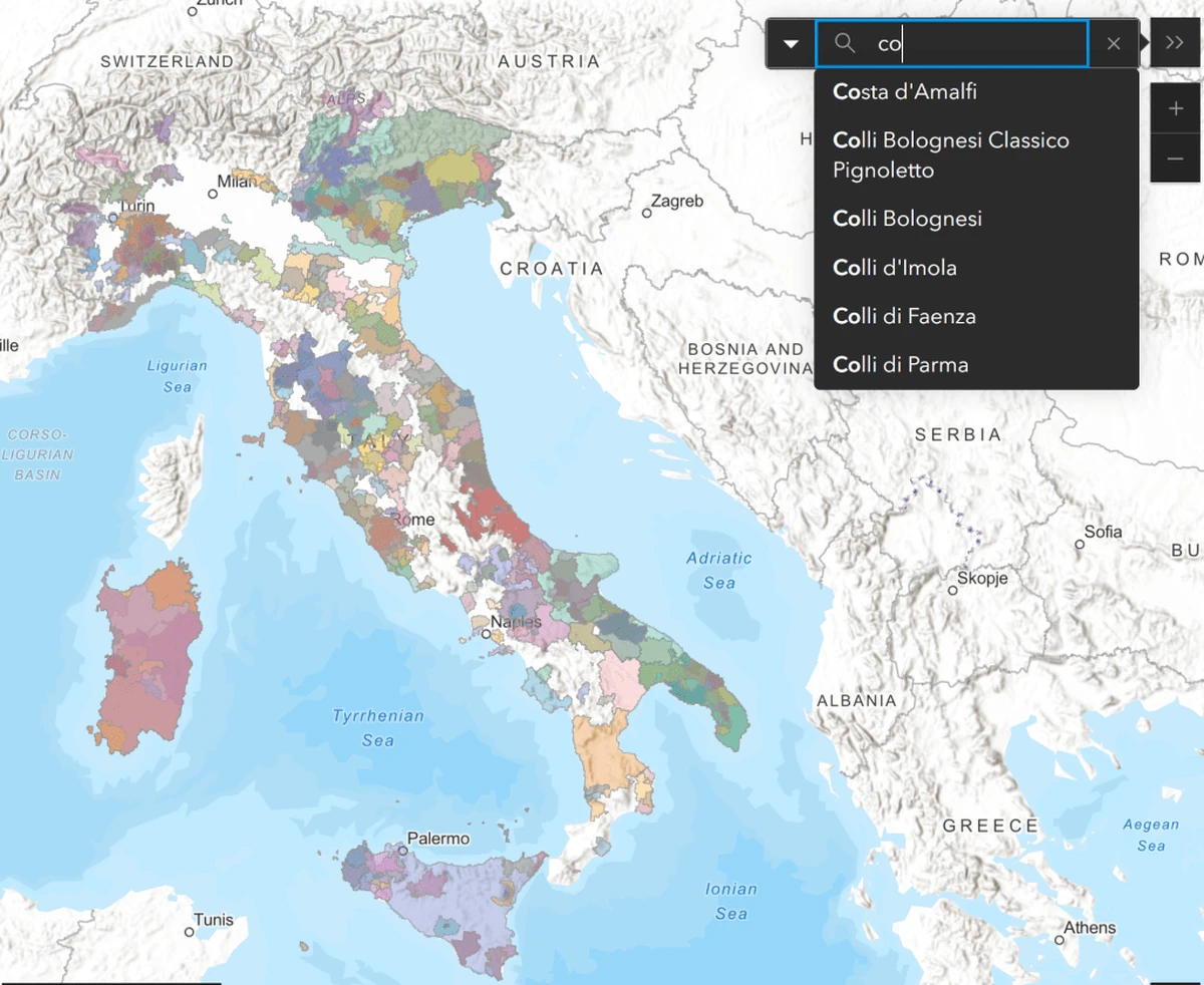 SommGeo Fast Maps mobile interface displaying interactive Italian wine regions