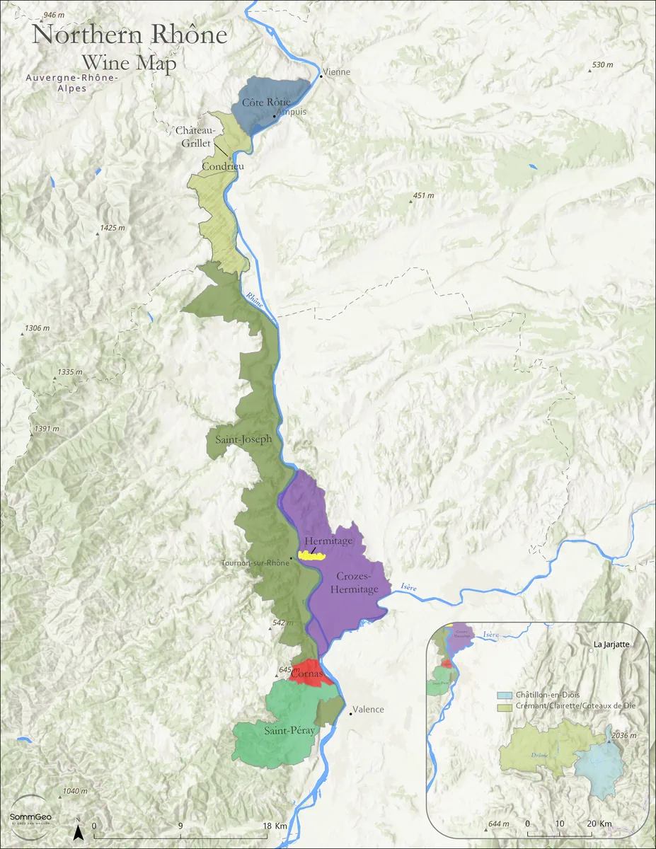 Free Northern Rhône wine map showing all eight appellations including Côte-Rôtie, Condrieu, Hermitage, Cornas, Saint-Joseph, and Crozes-Hermitage along the Rhône River