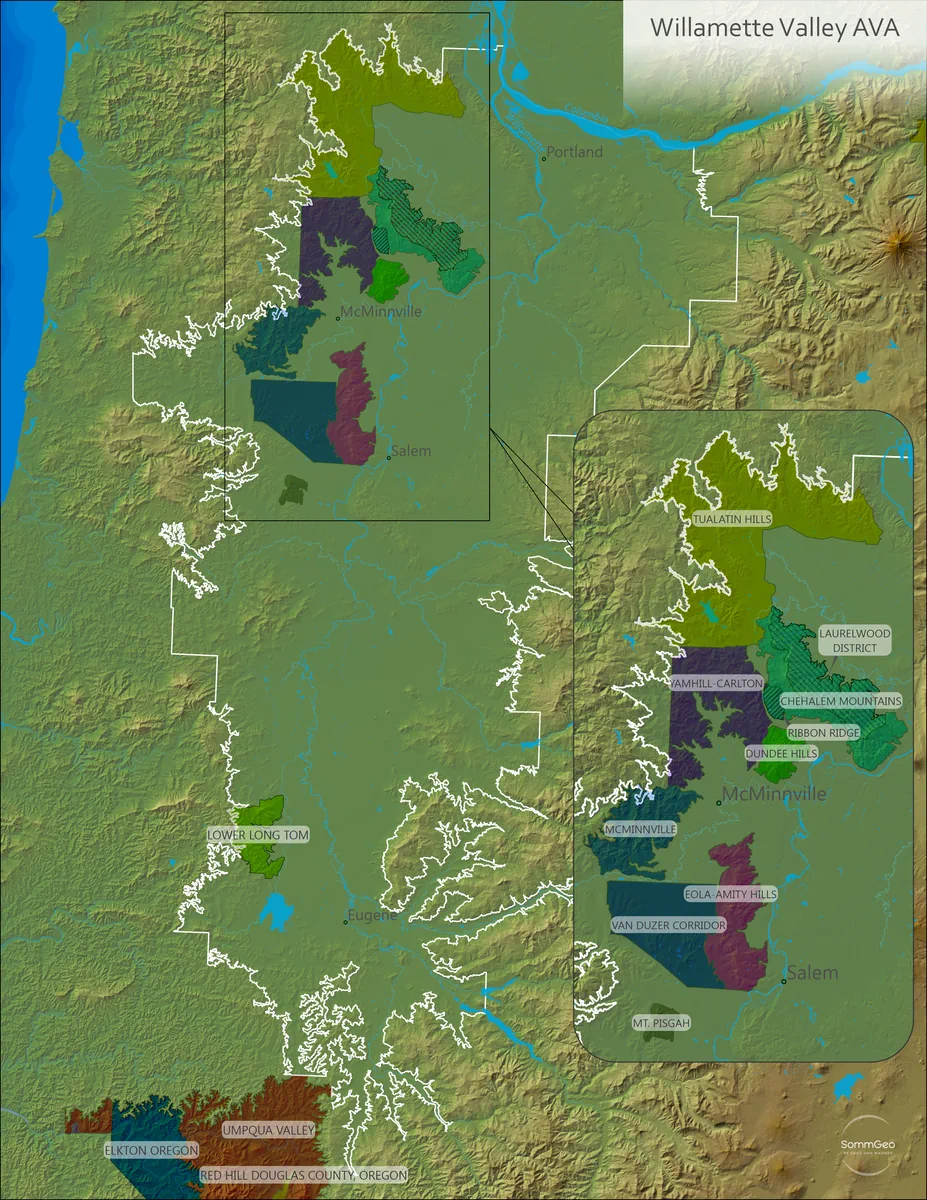 Free Willamette Valley wine map showing all 11 nested AVAs including Dundee Hills, Eola-Amity Hills, Yamhill-Carlton, and Van Duzer Corridor