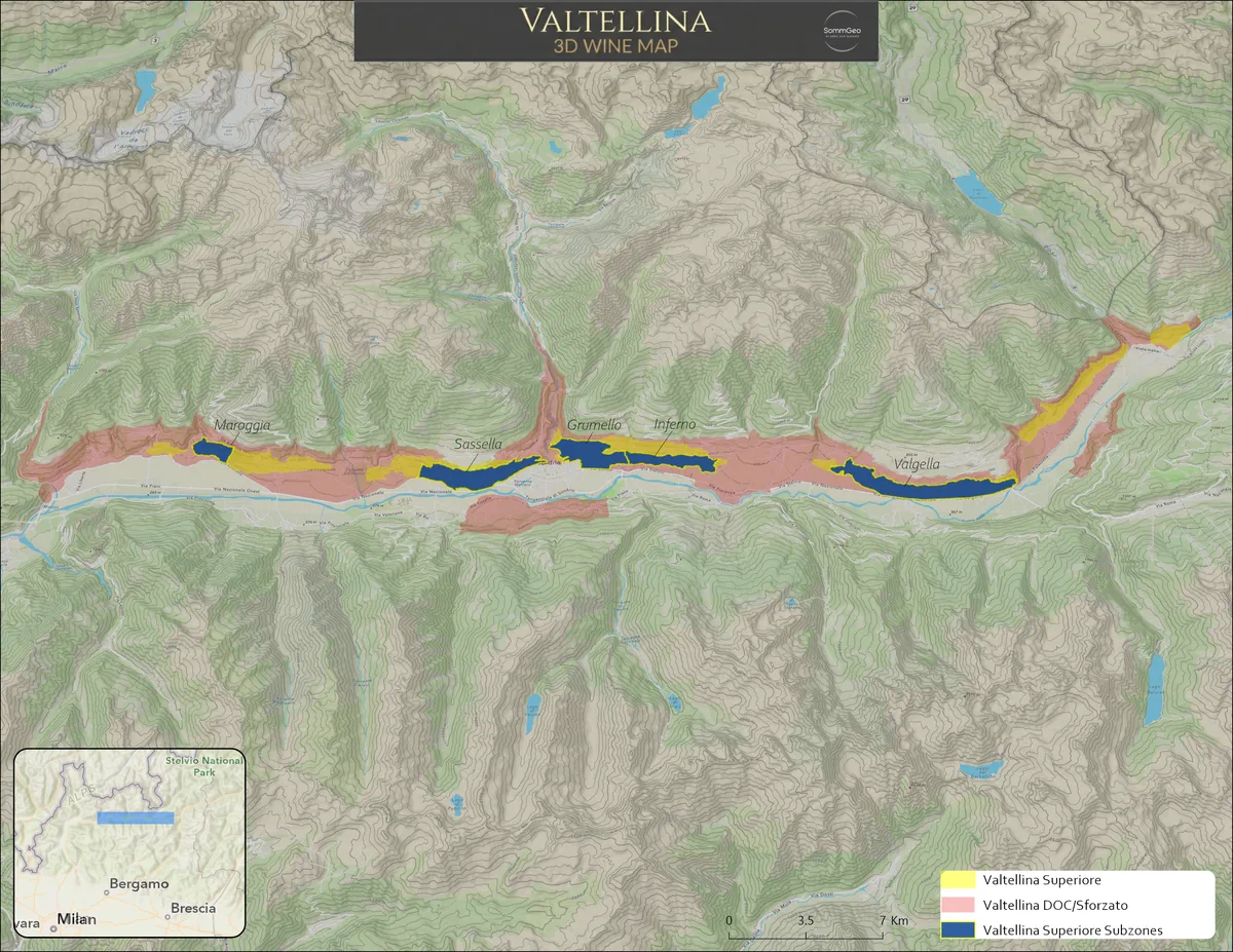 Valtellina wine map showing terraced Nebbiolo vineyards above the Adda River