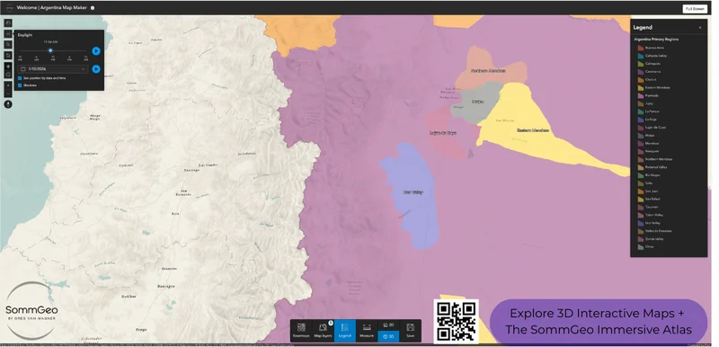 Interactive SommGeo Map Maker showing the Daylight simulator and Legend panel across Argentine wine regions