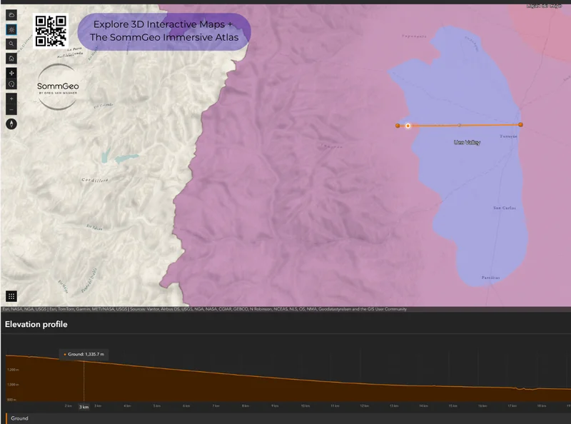 Interactive GIS Elevation Profile tool analyzing the topographical relief of Argentina's high-altitude wine regions