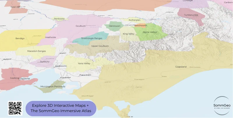 3D map view of Victoria's key wine appellations including Yarra Valley, Mornington Peninsula, Beechworth, and Heathcote