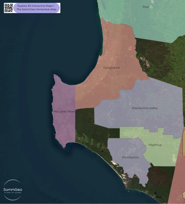 2D satellite view of Western Australia wine regions including Margaret River, Great Southern, and Geographe GI boundaries