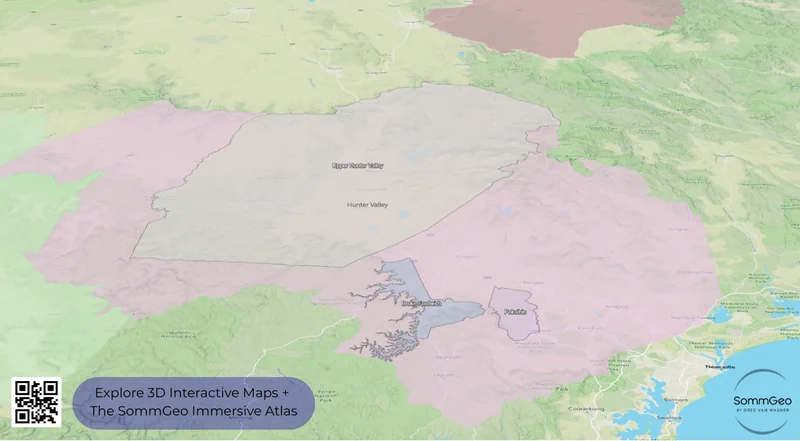 3D outdoor basemap view of Hunter Valley wine region showing Pokolbin, Broke Fordwich, and Upper Hunter Valley subzone boundaries in full detail