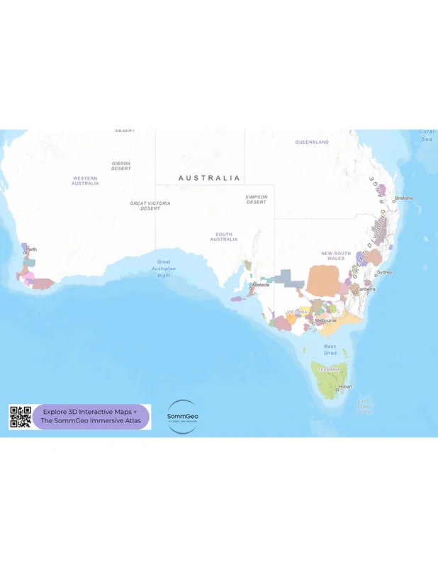 Interactive SommGeo Fast Map showing all of Australia's wine GI zones and regions across every state