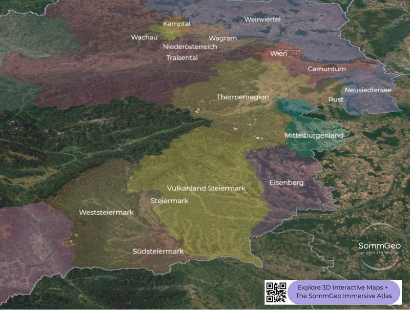 3D satellite view of Austria's eastern DAC wine regions with Südsteiermark and Vulkanland Steiermark boundaries highlighted along the Slovenian border