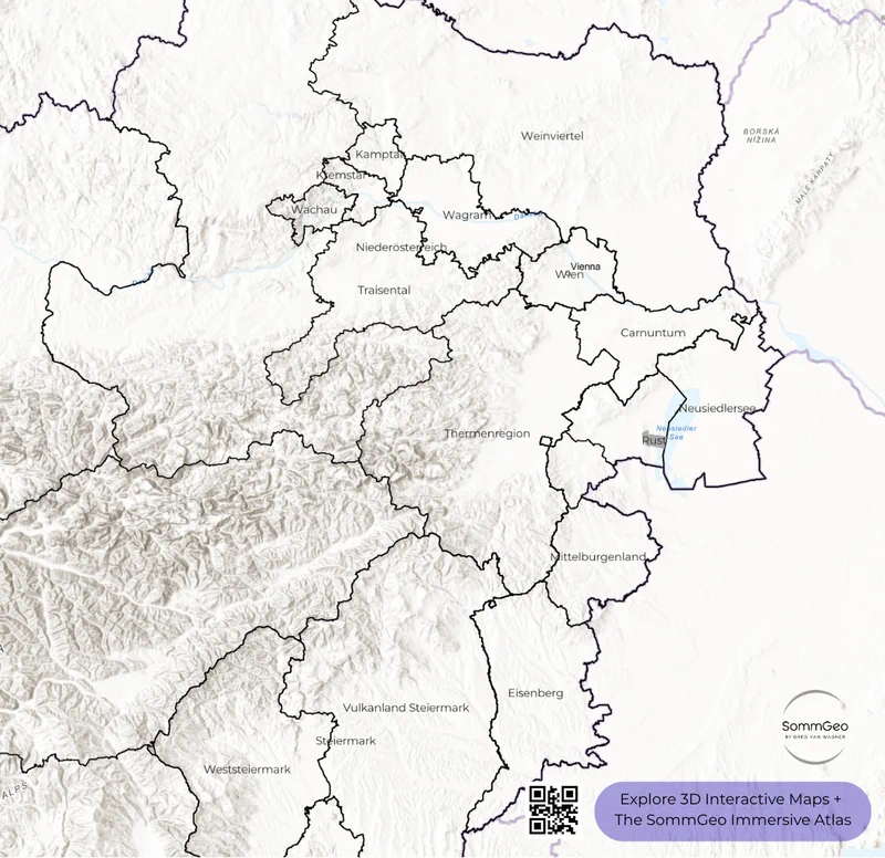 Black and white outline basemap of Austria's DAC wine regions with toggleable labels for self-study and quiz preparation