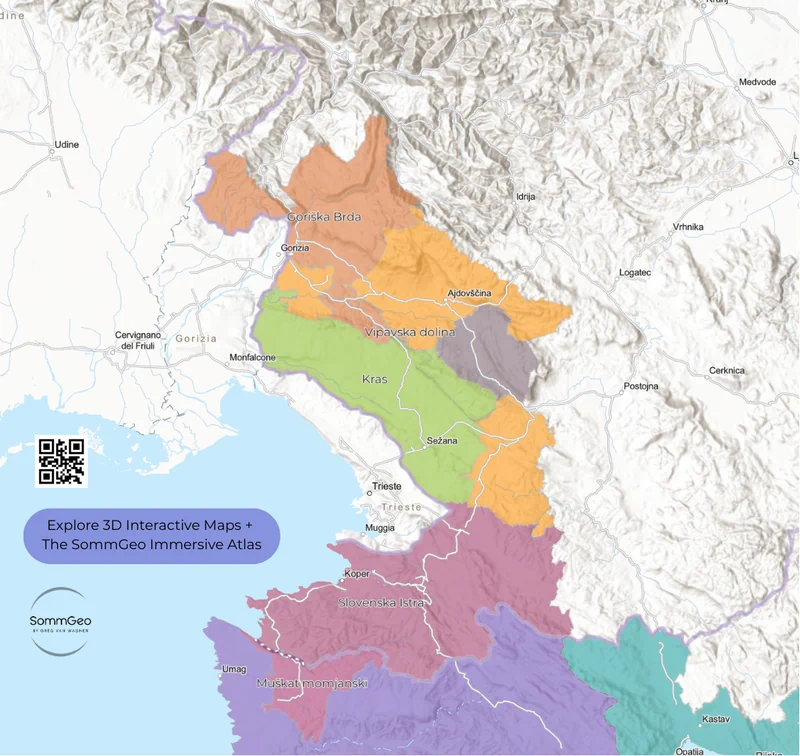 Hillshade relief map of Goriška Brda wine region in Slovenia showing terraced vineyard terrain