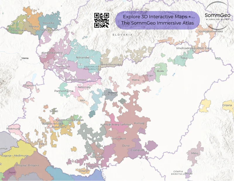 Interactive SommGeo Fast Map showing wine regions across Hungary, Slovenia, Croatia, Romania, and Bulgaria