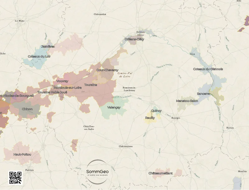 Detailed view of southwestern France wine regions including Bordeaux, Bergerac, and Cahors appellations on interactive map