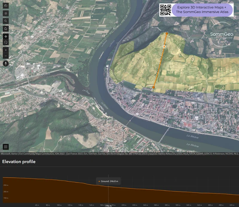 Elevation profile of Hermitage vineyards in the Northern Rhône using SommGeo's interactive Map Maker