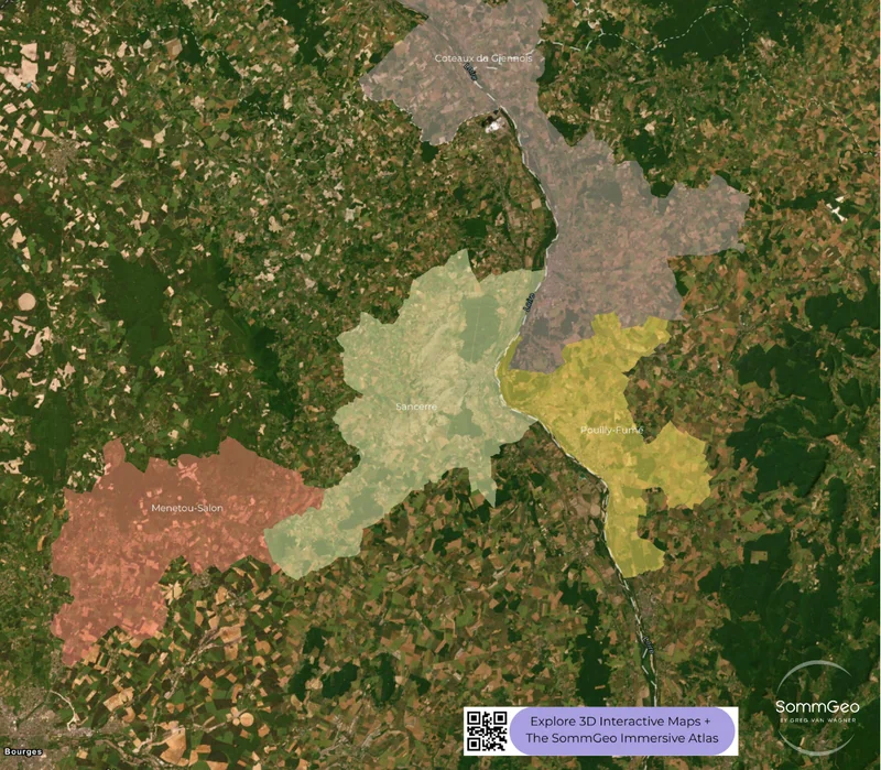 Satellite view of the Central Vineyards around Sancerre in the Loire Valley on SommGeo