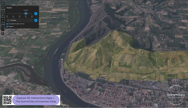 SommGeo's solar aspect tool showing shadow and sunlight simulation across French vineyard terrain