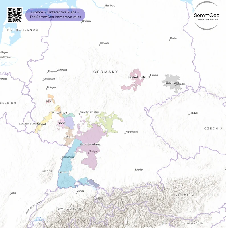 SommGeo Fast Map sidebar interface showing searchable German wine region data including Einzellagen and Bereiche