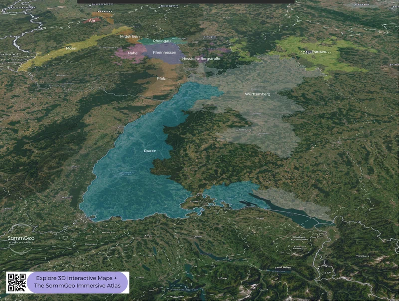 3D satellite view of Germany's wine regions showing vineyard areas and river systems in the SommGeo Map Maker