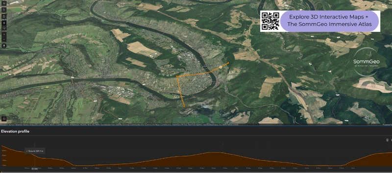 Elevation profile of vineyards around Bernkastel-Kues in the Mosel wine region using SommGeo's Map Maker