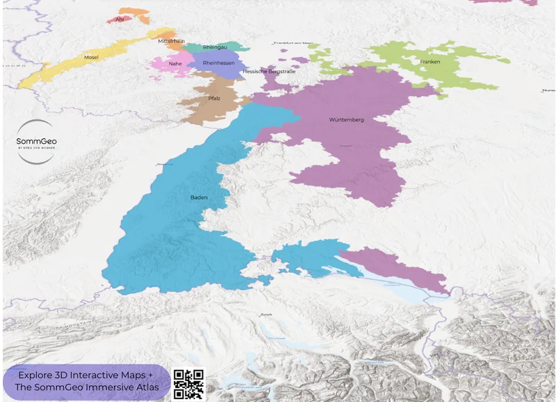 3D topographic relief view of Germany's 13 wine regions in SommGeo's interactive Map Maker