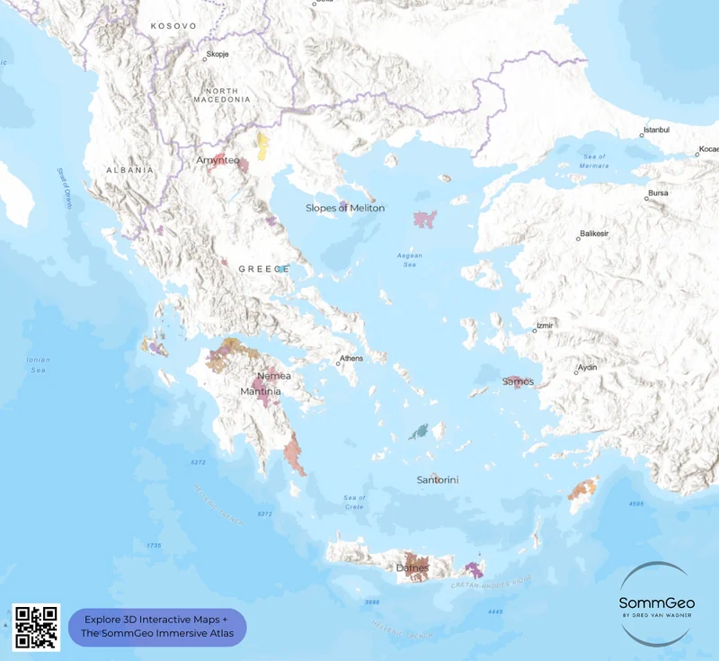 SommGeo Fast Map sidebar interface showing searchable Greek wine region data and appellation details