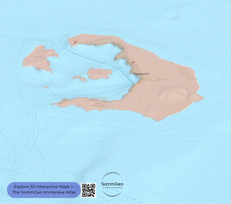Stylized color pencil 3D map of Santorini's volcanic wine island in the Cyclades