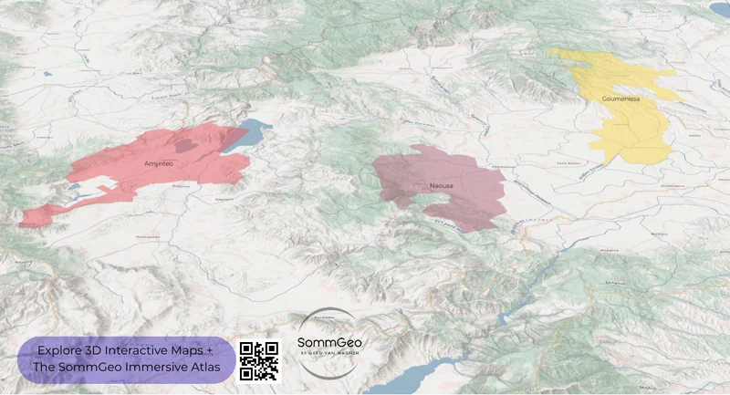 3D terrain map of Macedonia's top wine regions including Naoussa, Amynteo, and Goumenissa