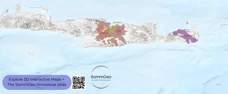 3D terrain map of Crete showing PDO wine regions including Peza, Archanes, Dafnes, and Sitia