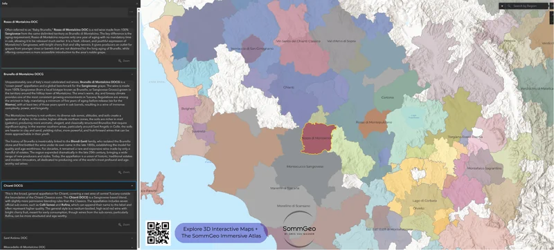 SommGeo Fast Map sidebar interface showing searchable Italian wine region data and appellation details