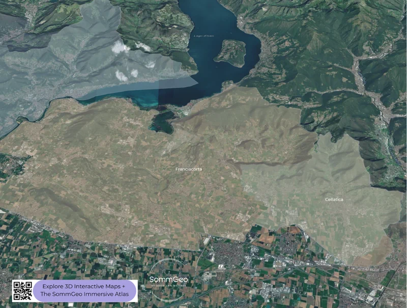 3D satellite view of Franciacorta DOCG wine region in Lombardy on SommGeo Map Maker