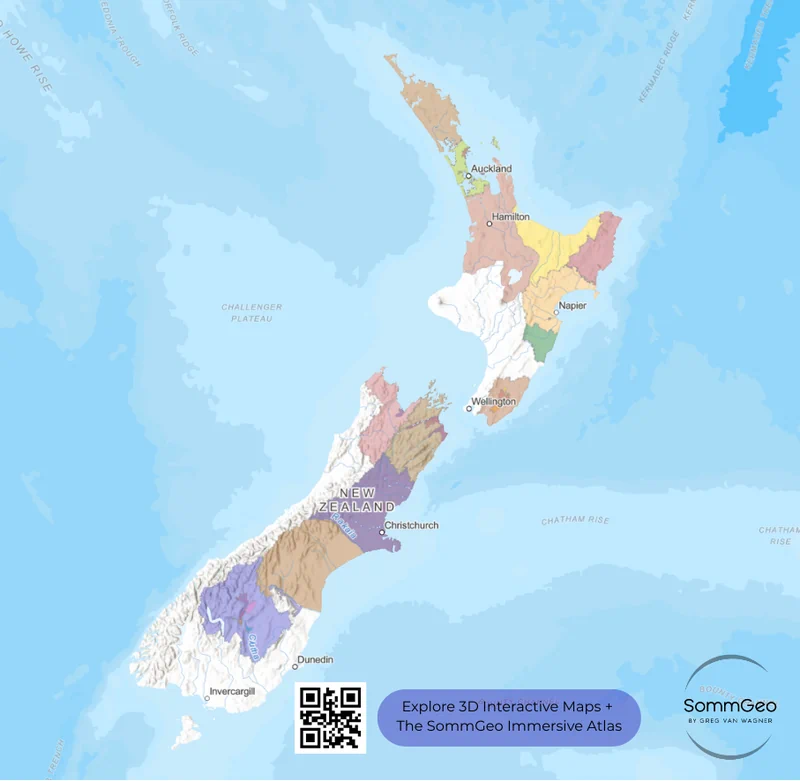 Interactive GIS map of New Zealand wine regions showing North and South Island appellations