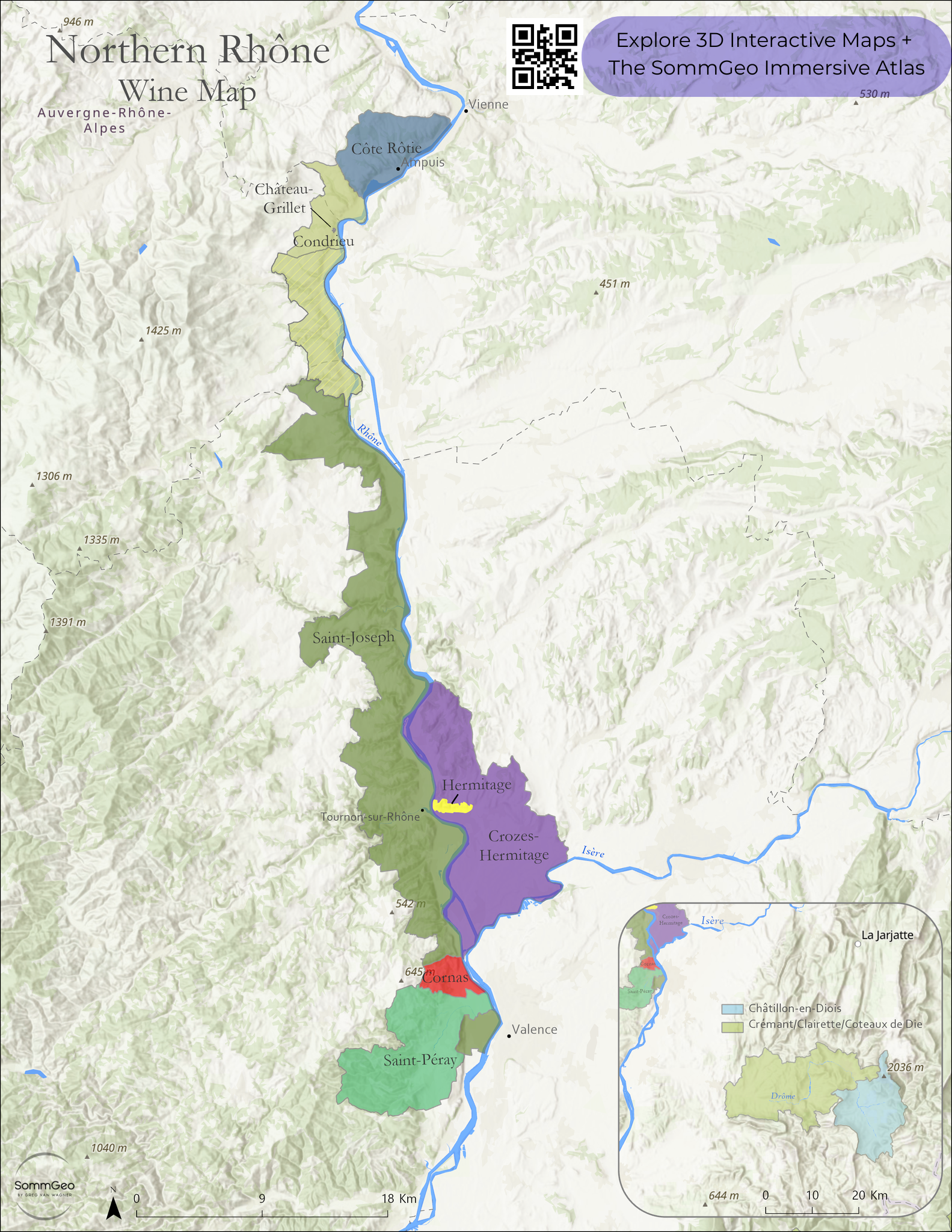 Northern Rhône wine map from Côte-Rôtie south to the Diois appellations