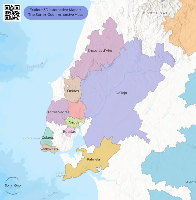 GIS map of southern Portugal wine regions including Alentejo, Lisboa, Tejo, and Setúbal Peninsula