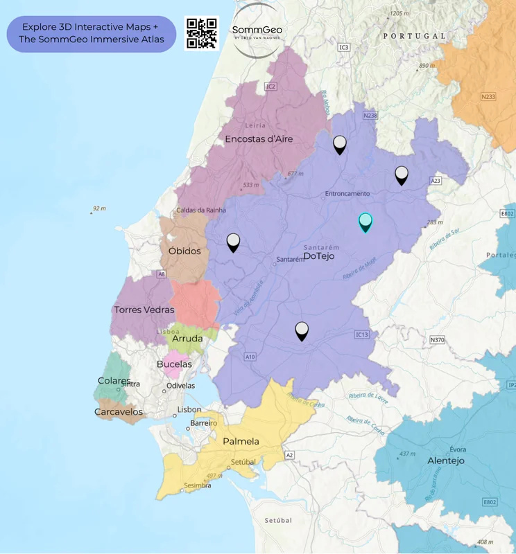 2D placemarked map of Lisbon-area wine DOPs including Colares, Bucelas, and Carcavelos in SommGeo Map Maker