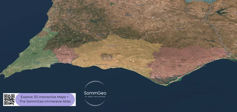 3D satellite view of Algarve wine DOPs near Faro including Lagos, Portimão, Lagoa, and Tavira in SommGeo Map Maker