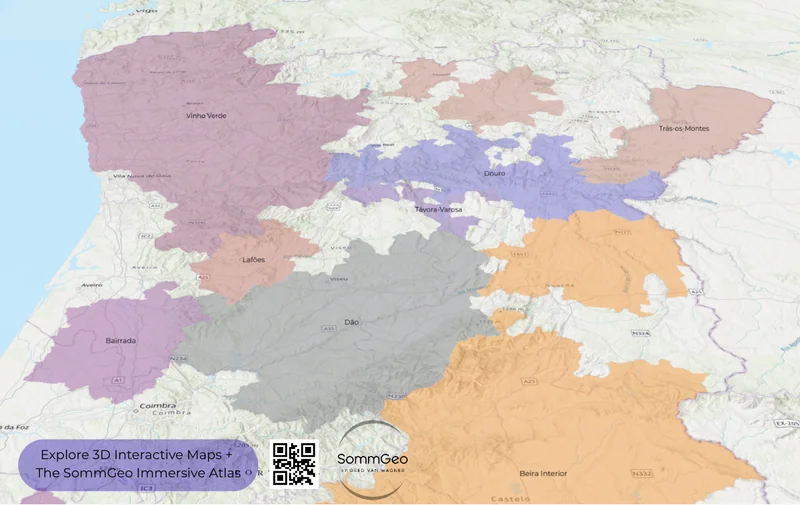 3D topographic view of northern Portugal wine DOPs including Douro, Vinho Verde, and Trás-os-Montes in SommGeo Map Maker
