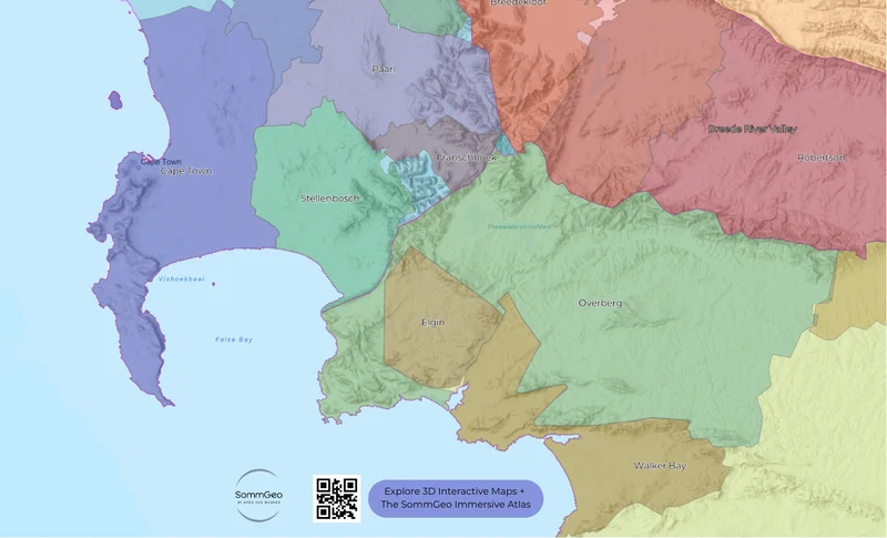 Interactive GIS map of Western Cape wine regions in South Africa displaying Wine of Origin (WO) districts and wards
