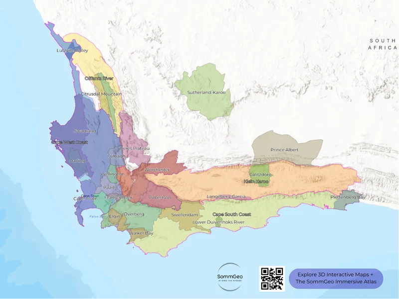 GIS map of the Cape Winelands illustrating the geographic relationship between ocean currents, Cape Fold Mountains, and South African vineyard sites