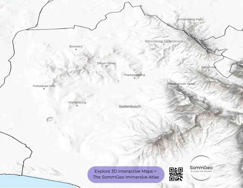 3D terrain relief of Stellenbosch district showing its wards surrounded by the Simonsberg, Helderberg, and Stellenbosch Mountains in SommGeo Map Maker