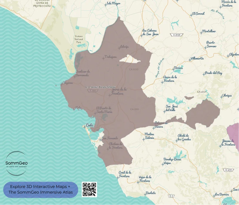 Mid-century style map of the Jerez DO showing the Sherry Triangle towns in SommGeo Map Maker