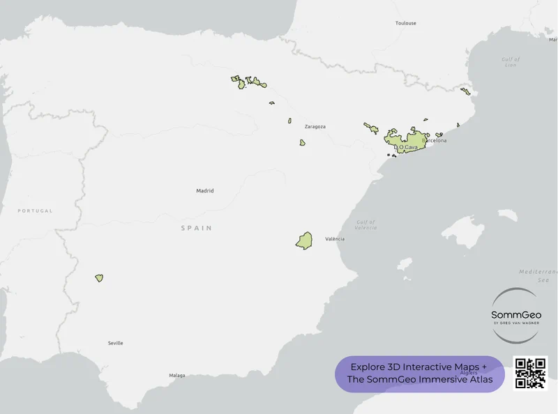 SommGeo Blank Earth basemap showing all regions entitled to the Cava DO designation across Spain