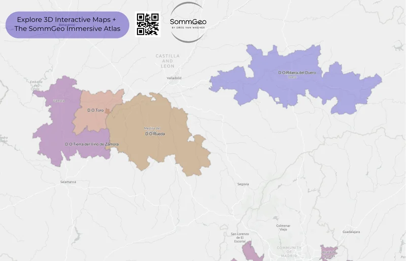 Map Maker view of central Castilla y León showing Toro, Rueda, Ribera del Duero, and Vino de la Tierra de Zamora with Valladolid marked
