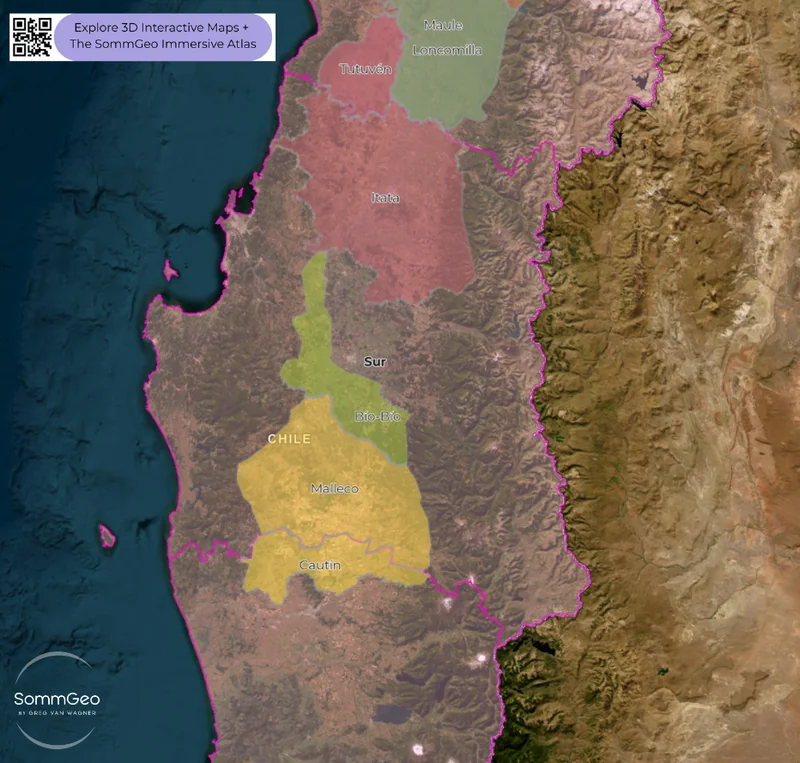 SommGeo Fast Map of Chile's southern wine regions including Itata, Bío Bío, and Malleco