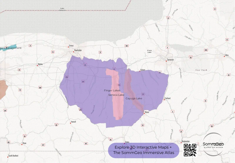 2D newspaper-style map of the Finger Lakes AVA in New York created with SommGeo's United States Map Maker