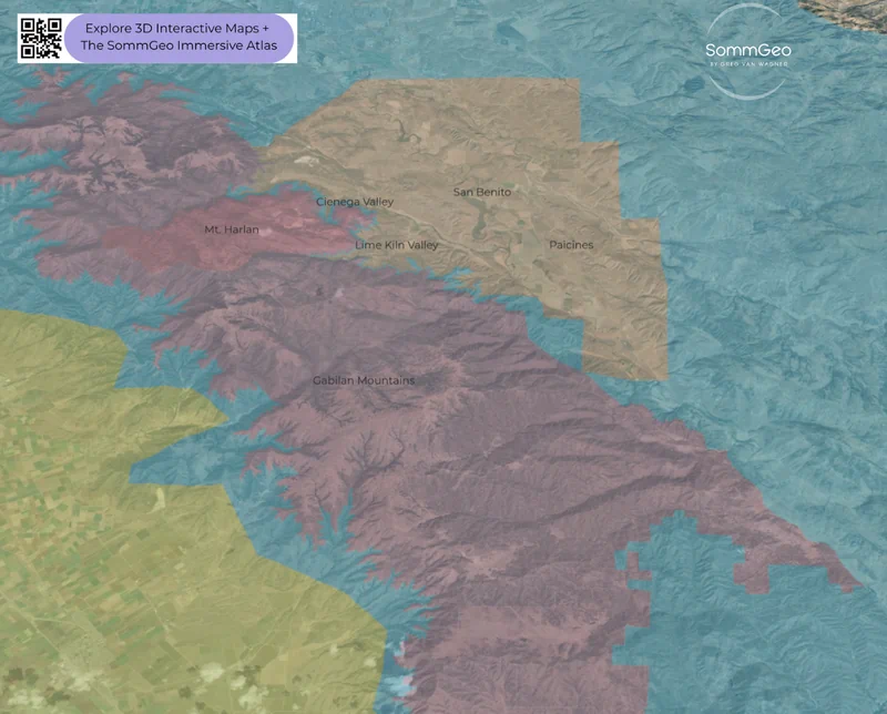 3D satellite view of the Mt. Harlan AVA in San Benito County showing Calera's limestone-rich mountain vineyards